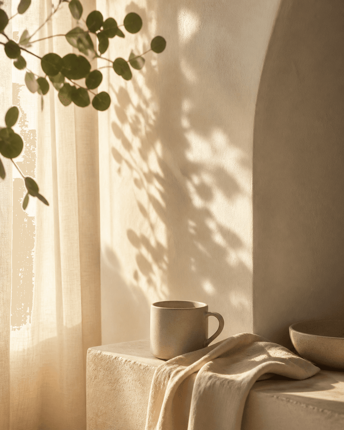 Warm neutral interior with soft light, linen, and a ceramic cup