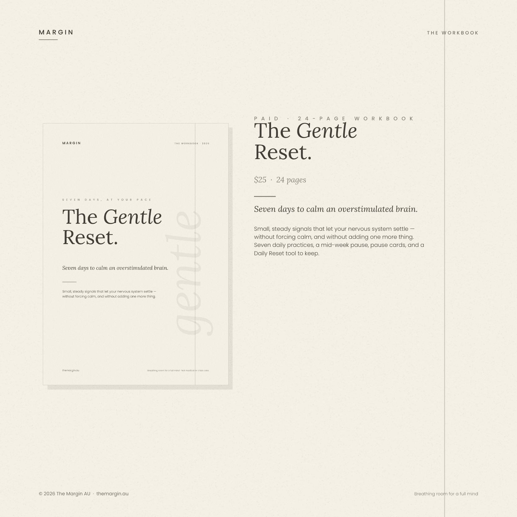 The Gentle Reset workbook, cover and details